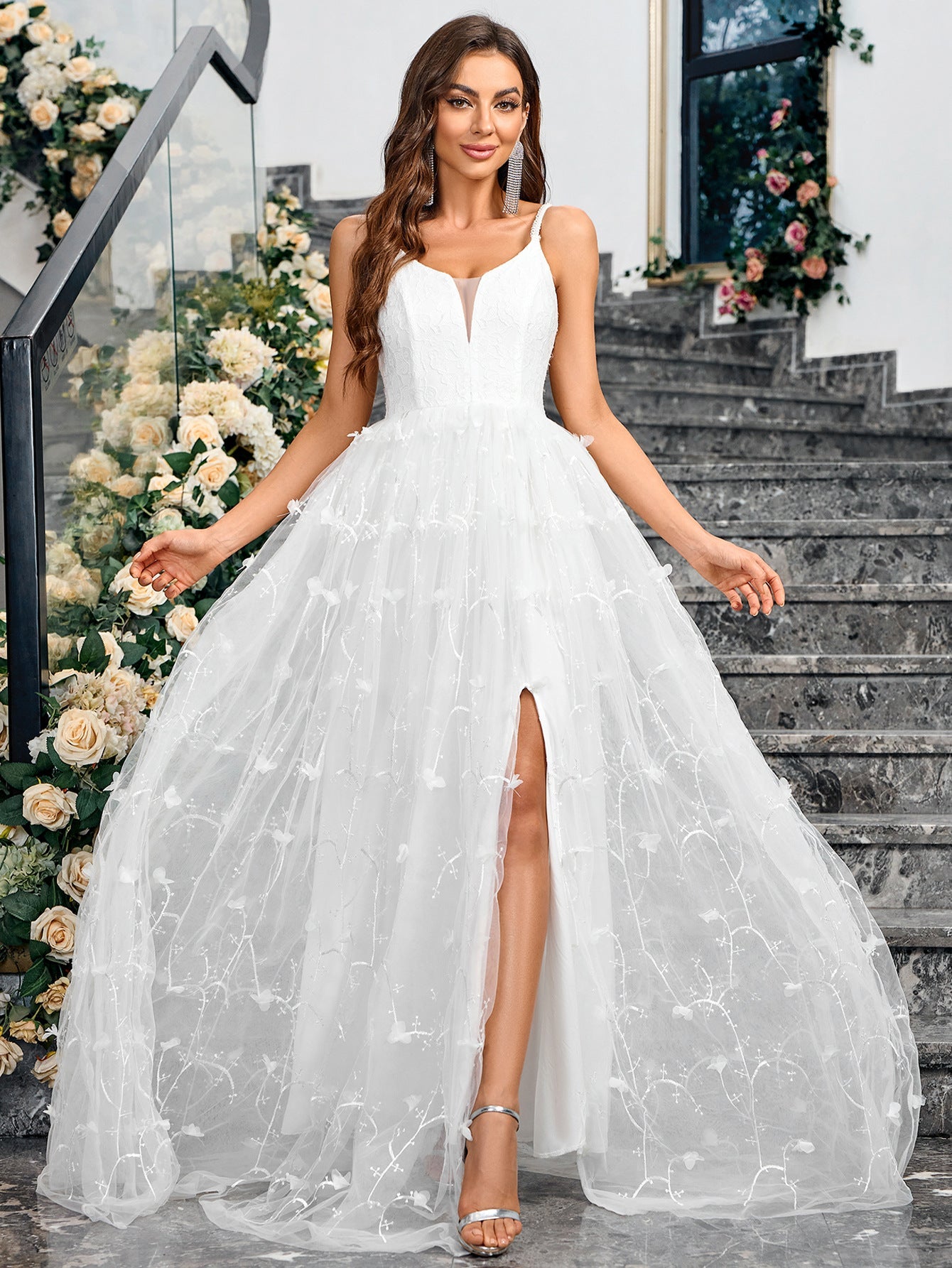 A-Line Maxi Dress with V-Neck and Embroidered Mesh Skirt