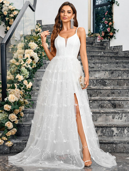A-Line Maxi Dress with V-Neck and Embroidered Mesh Skirt