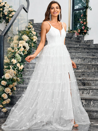 A-Line Maxi Dress with V-Neck and Embroidered Mesh Skirt