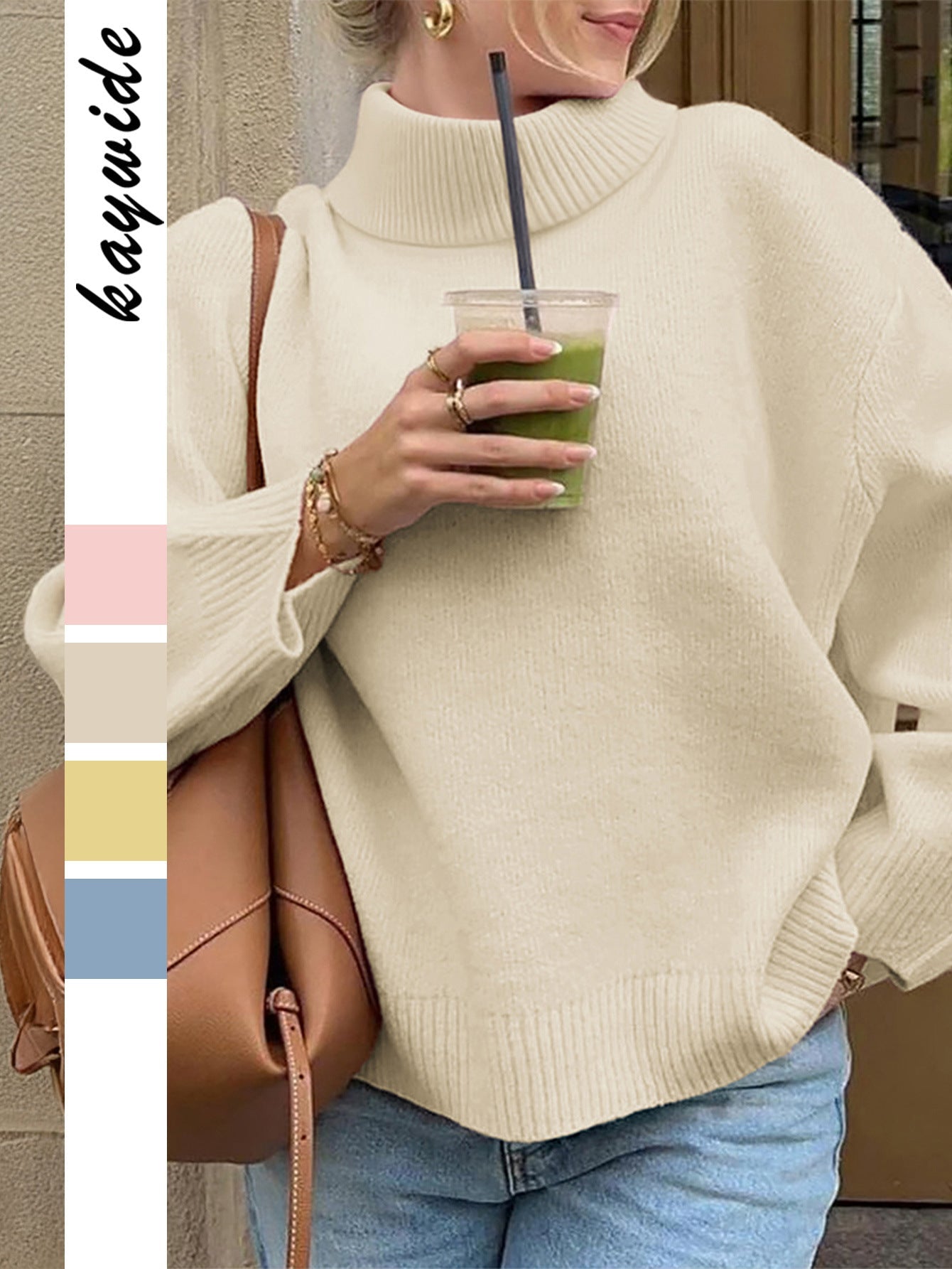 Solid Color Relaxed Fit Sweater with Turtleneck