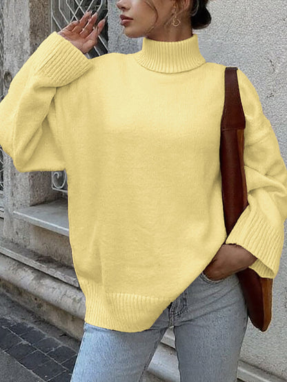 Solid Color Relaxed Fit Sweater with Turtleneck