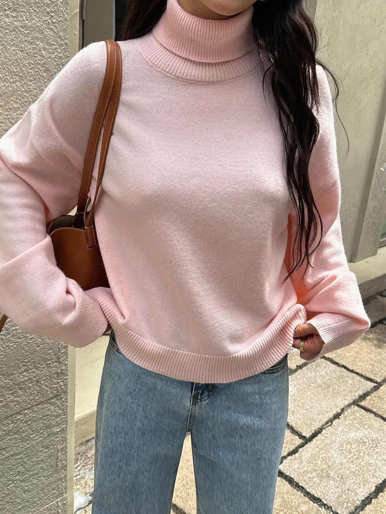 Solid Color Relaxed Fit Sweater with Turtleneck
