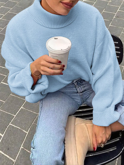 Solid Color Relaxed Fit Sweater with Turtleneck