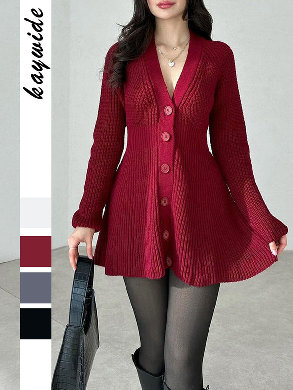 Ribbed Knit A-Line Cardigan Dress with V-Neck and Button Front