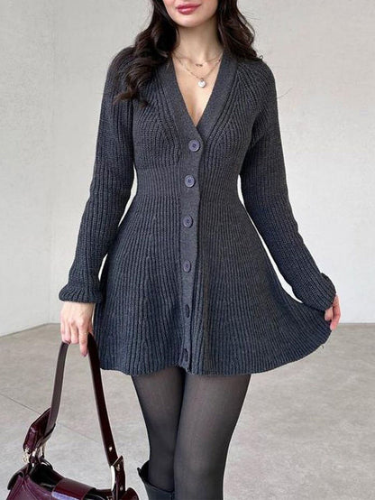 Ribbed Knit A-Line Cardigan Dress with V-Neck and Button Front