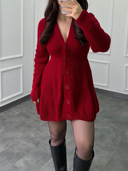 Ribbed Knit A-Line Cardigan Dress with V-Neck and Button Front