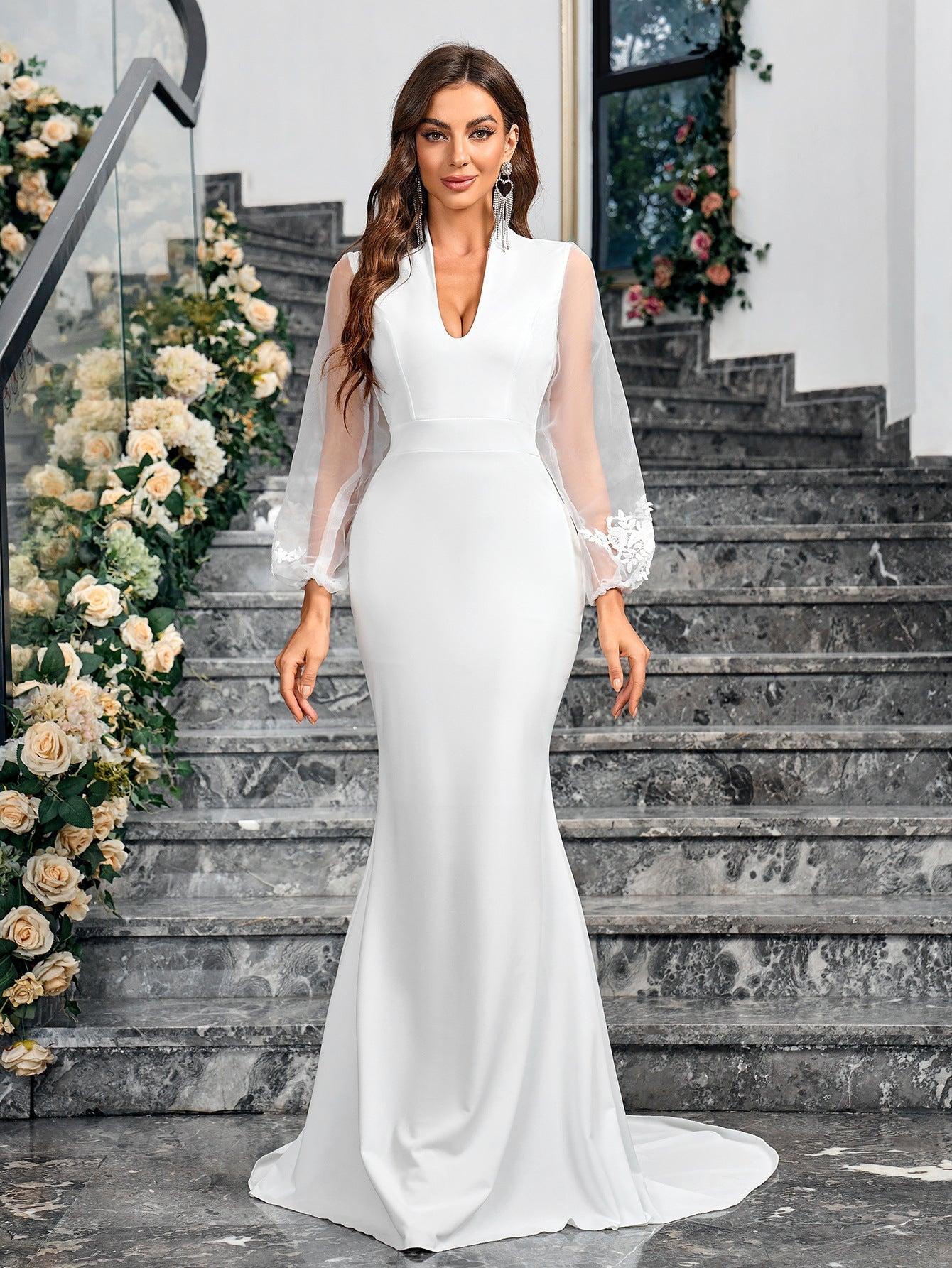 Mermaid Maxi Dress with Deep V-Neck and Sheer Bubble Sleeves