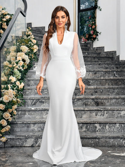 Mermaid Maxi Dress with Deep V-Neck and Sheer Bubble Sleeves