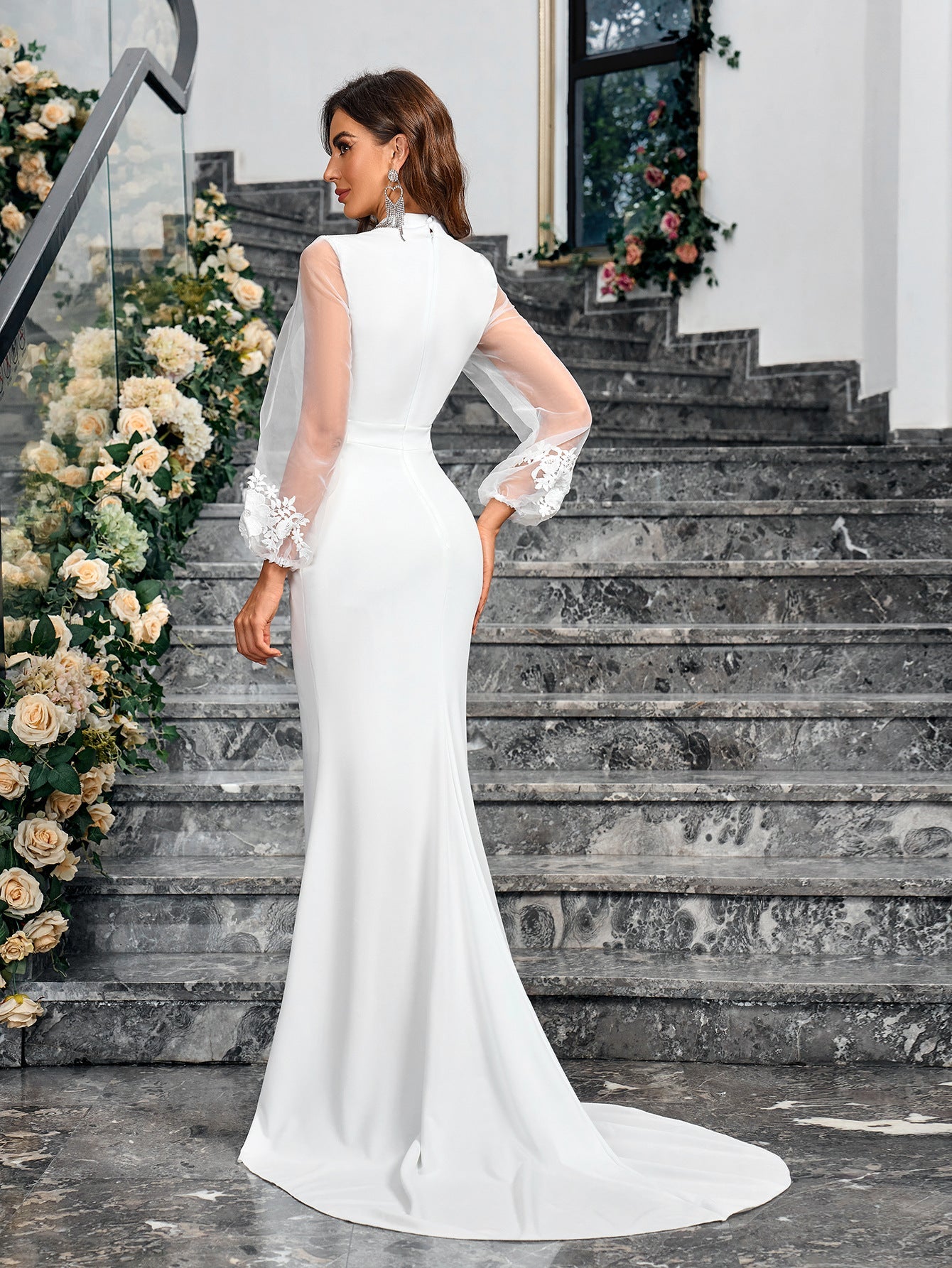 Mermaid Maxi Dress with Deep V-Neck and Sheer Bubble Sleeves