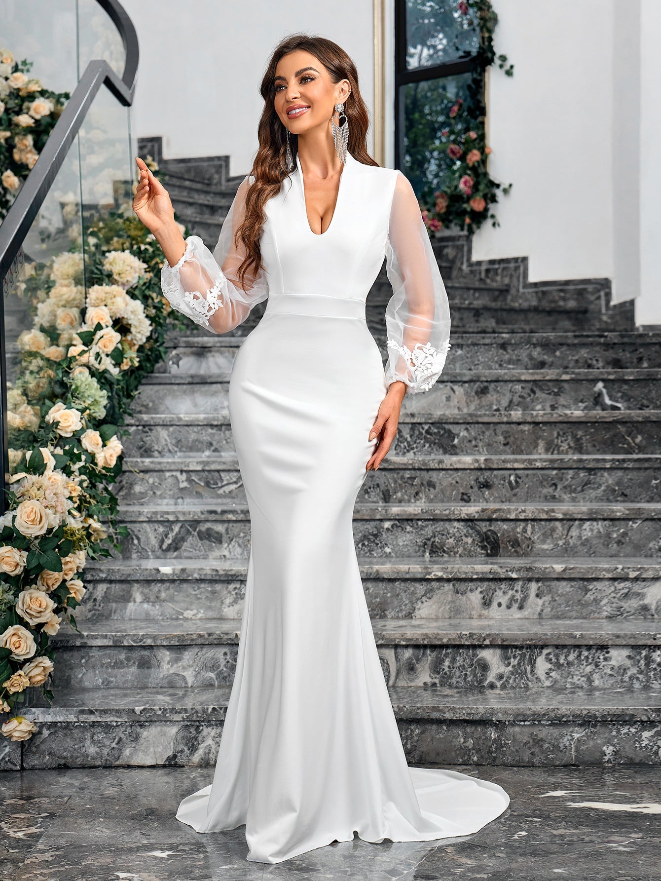 Mermaid Maxi Dress with Deep V-Neck and Sheer Bubble Sleeves