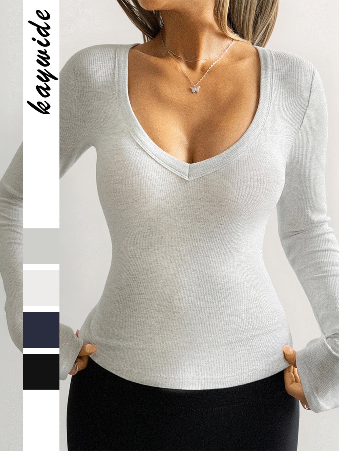 Slim Fit Ribbed Knit Long Sleeve Top with V-Neck