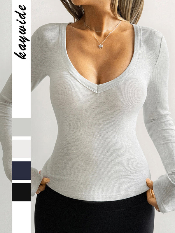 Slim Fit Ribbed Knit Long Sleeve Top with V-Neck