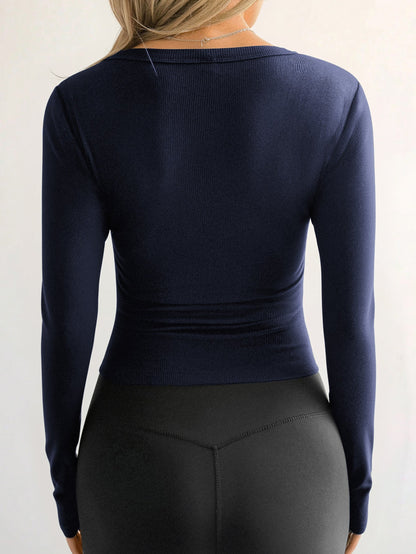 Slim Fit Ribbed Knit Long Sleeve Top with V-Neck