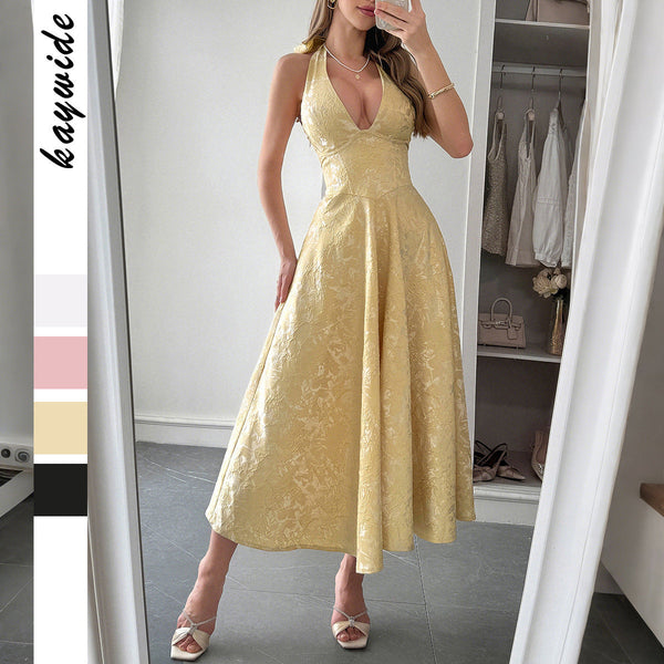 Jacquard A-Line Midi Dress with Halter Neck
