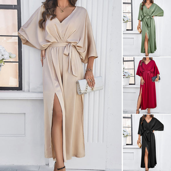 Solid V-Neck Midi Dress with Batwing Sleeves and Tie-Waist