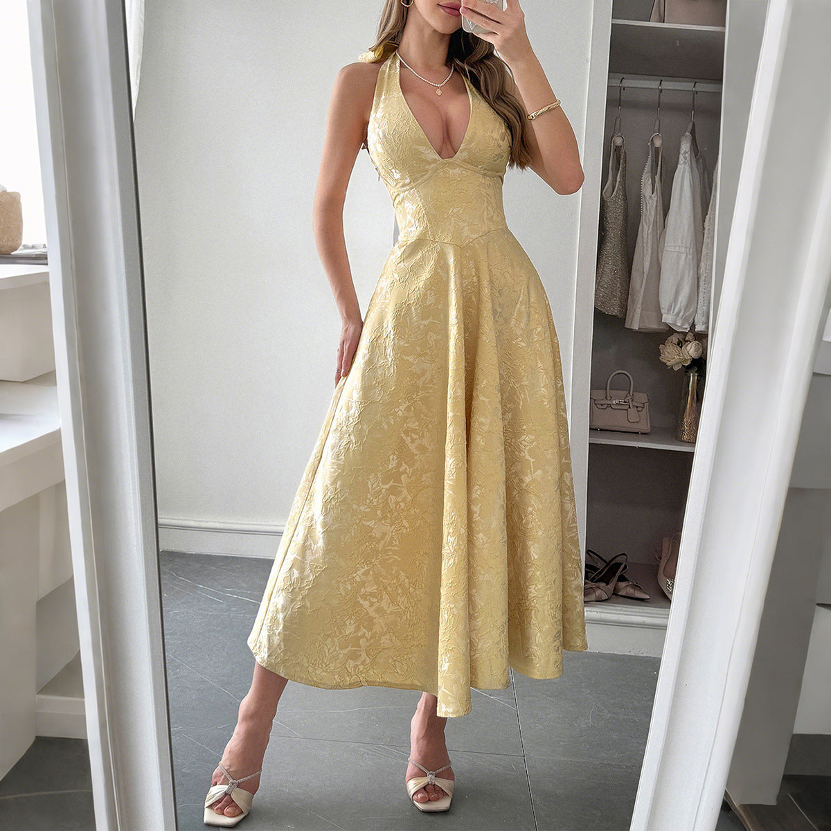 Jacquard A-Line Midi Dress with Halter Neck