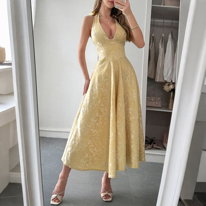 Jacquard A-Line Midi Dress with Halter Neck