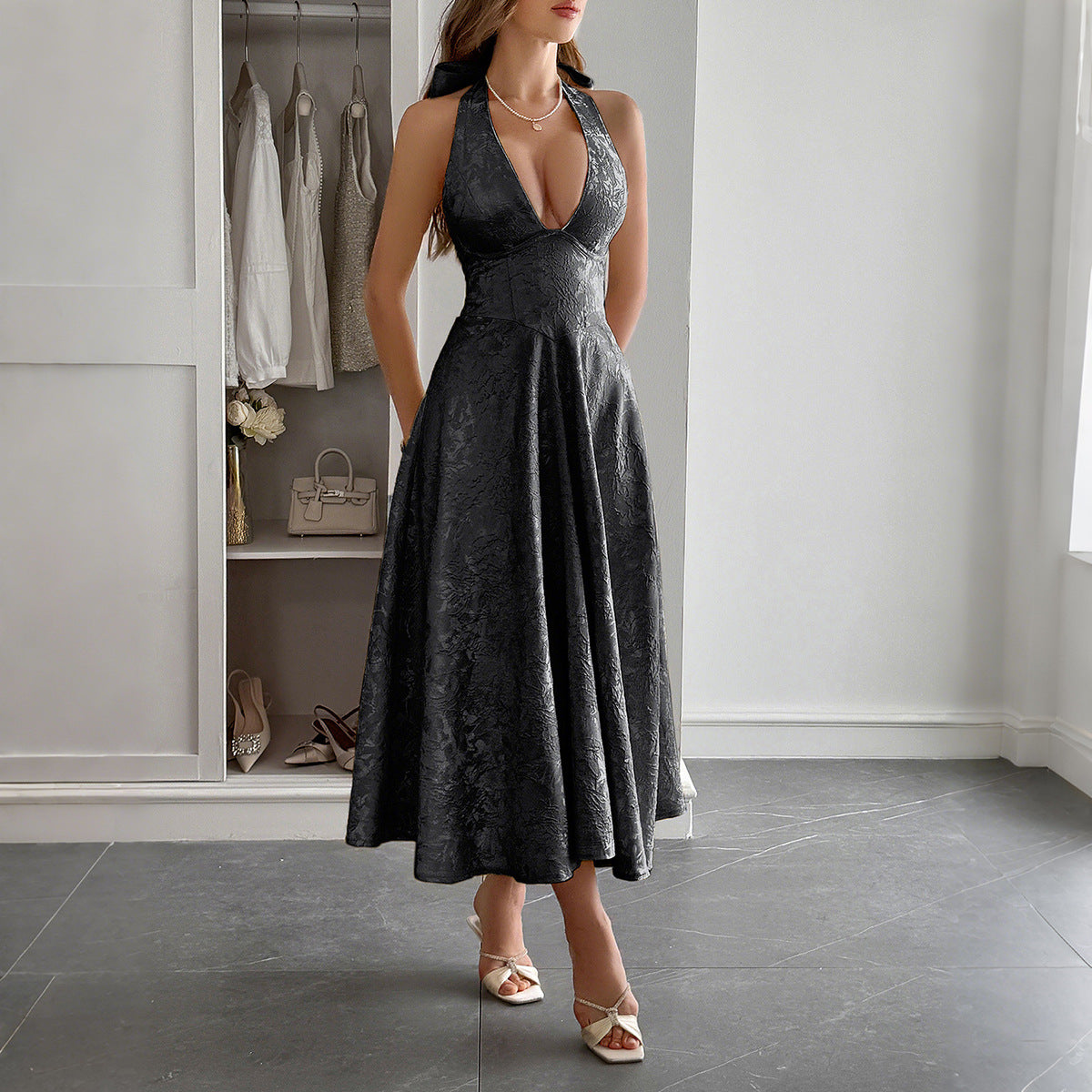 Jacquard A-Line Midi Dress with Halter Neck