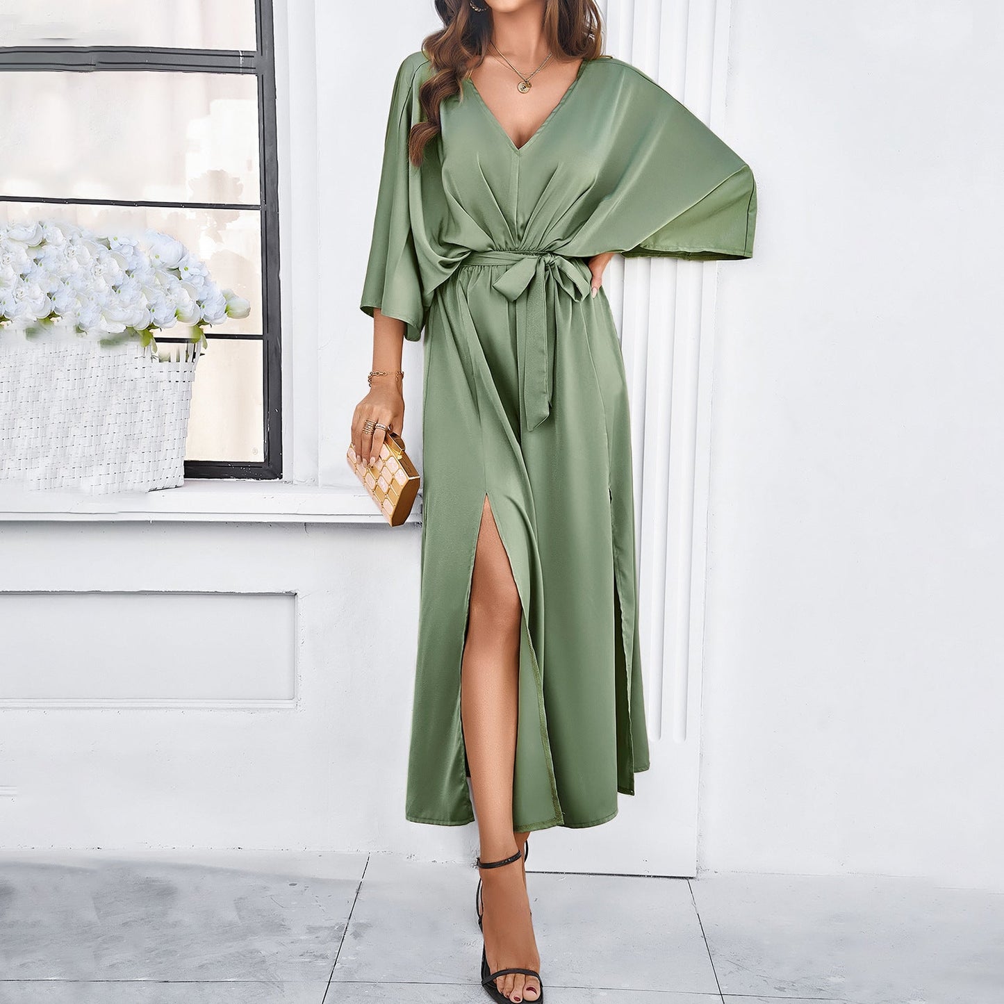 Solid V-Neck Midi Dress with Batwing Sleeves and Tie-Waist