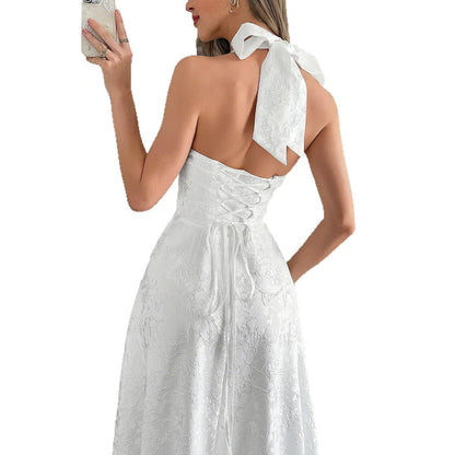 Jacquard A-Line Midi Dress with Halter Neck