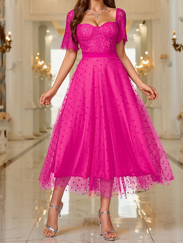 Polka Dot Tulle Midi Dress with Lace Sweetheart Bodice