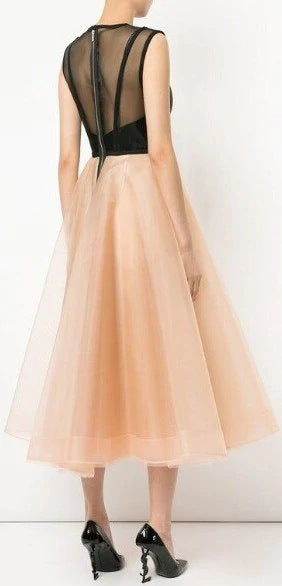 Two-Tone Fit & Flare Midi Dress with Sheer Neck and Tulle Skirt