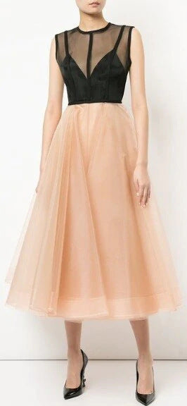 Two-Tone Fit & Flare Midi Dress with Sheer Neck and Tulle Skirt
