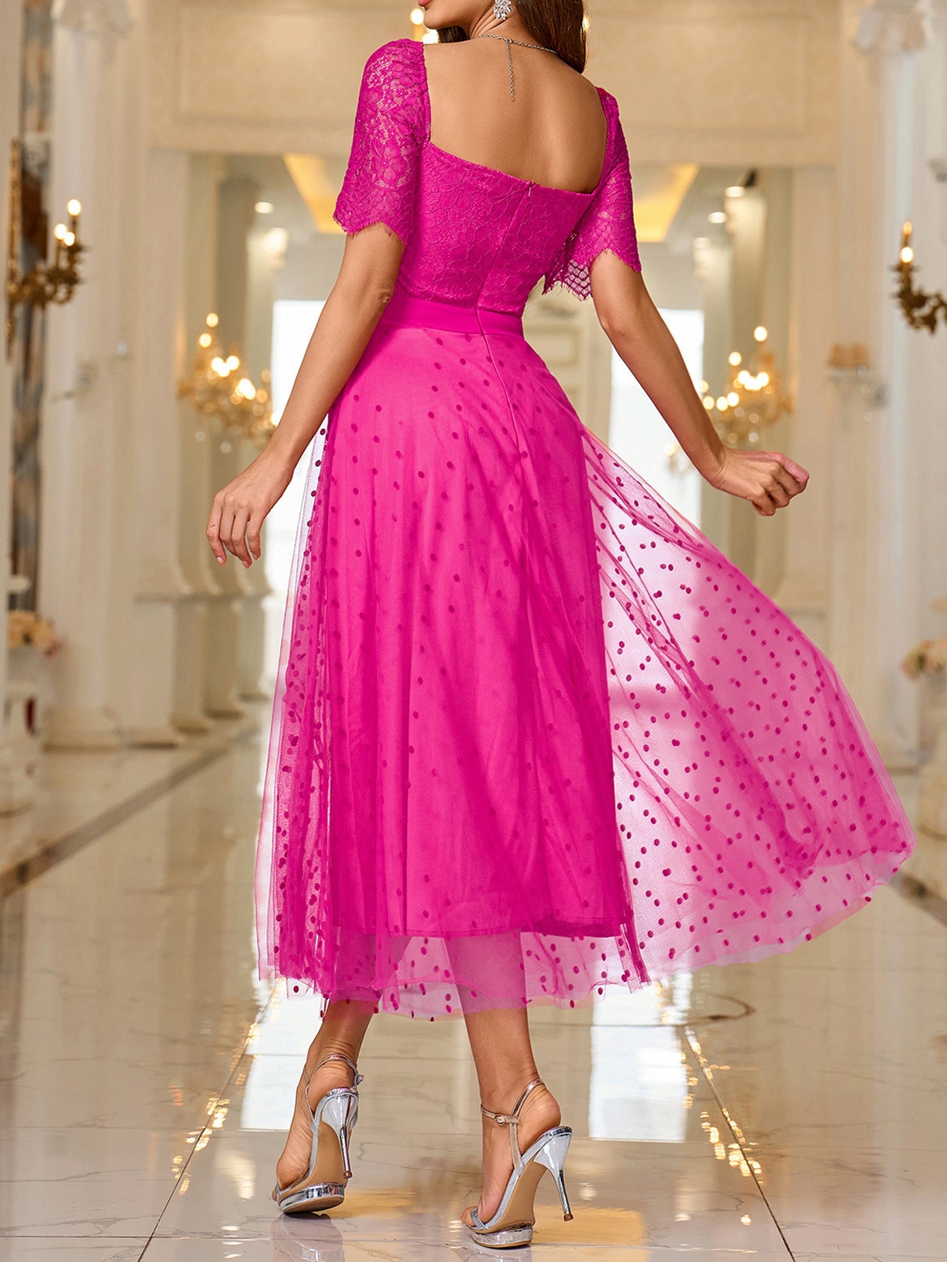 Polka Dot Tulle Midi Dress with Lace Sweetheart Bodice