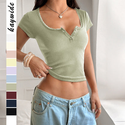 Cropped Ribbed T-Shirt with Henley Buttons and Lace Trim