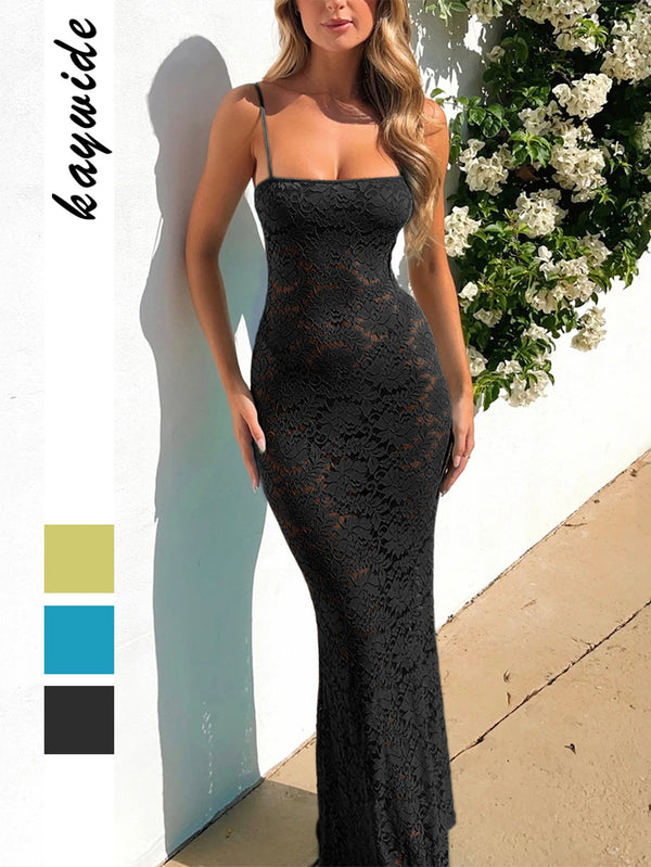 Bodycon Maxi Dress with Floral Lace and Spaghetti Straps