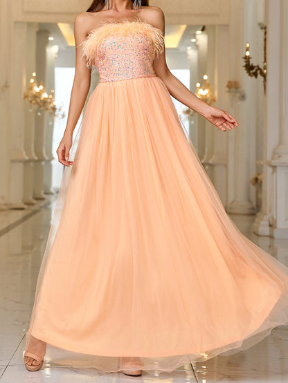 Solid Color A-Line Maxi Dress with Feather Trim and Sequined Bodice