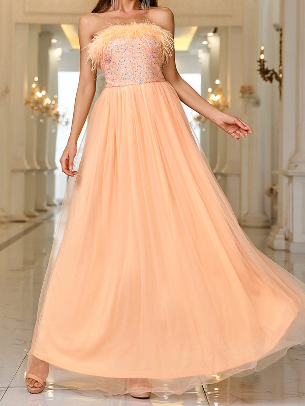 Solid Color A-Line Maxi Dress with Feather Trim and Sequined Bodice