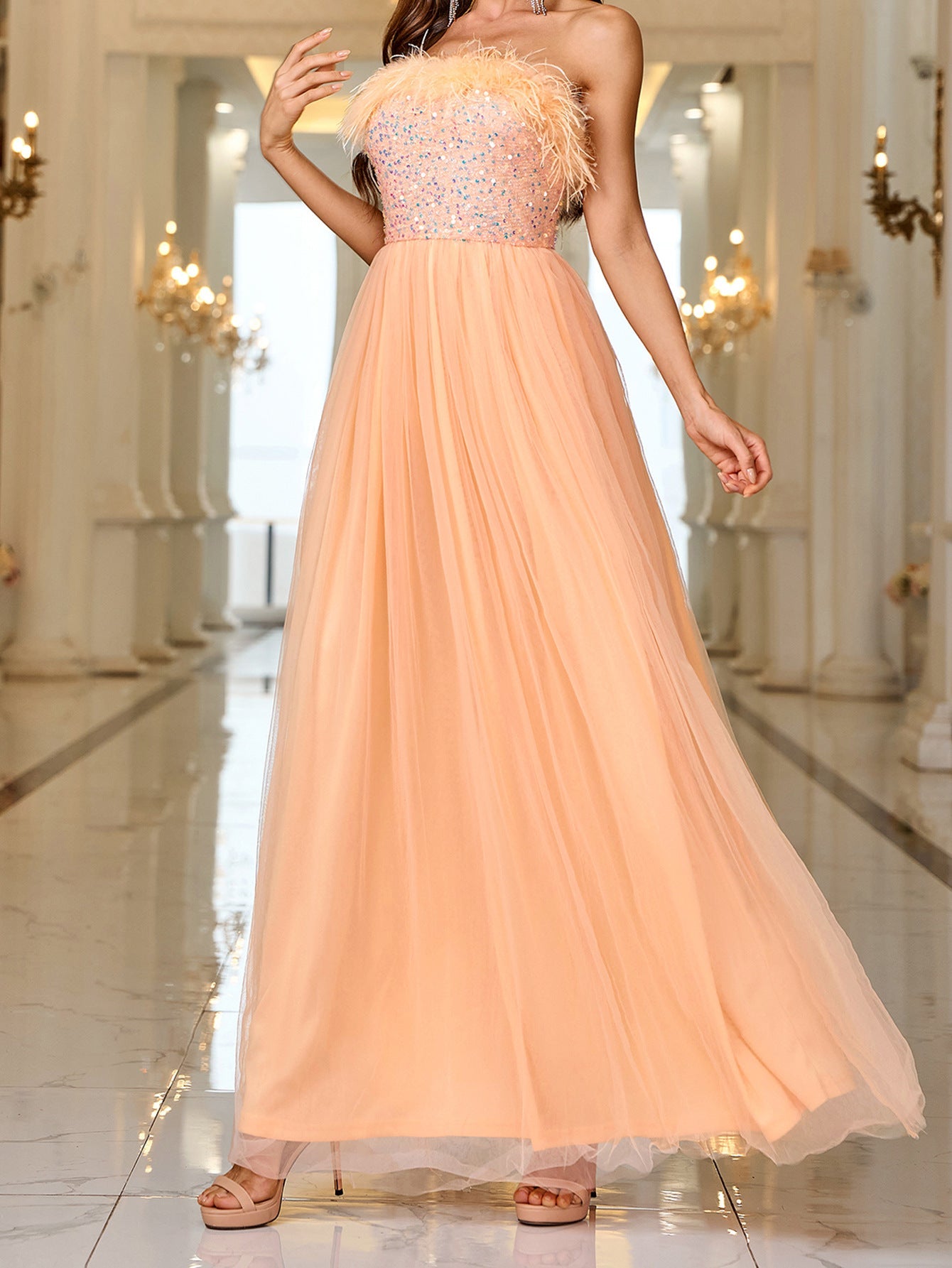 Solid Color A-Line Maxi Dress with Feather Trim and Sequined Bodice