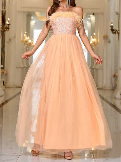Solid Color A-Line Maxi Dress with Feather Trim and Sequined Bodice