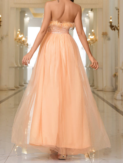 Solid Color A-Line Maxi Dress with Feather Trim and Sequined Bodice