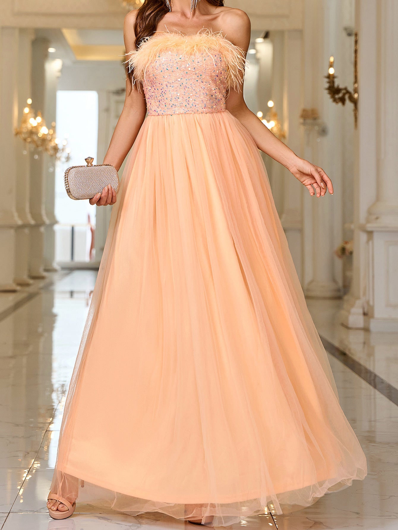 Solid Color A-Line Maxi Dress with Feather Trim and Sequined Bodice