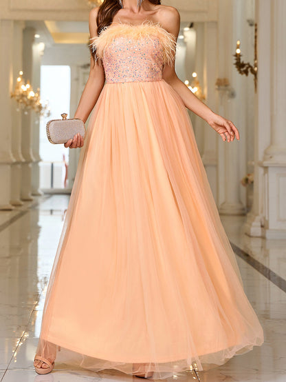 Solid Color A-Line Maxi Dress with Feather Trim and Sequined Bodice