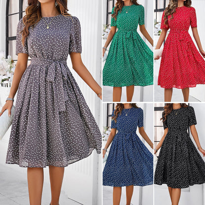A-Line Polka Dot Midi Dress with Tie-Waist
