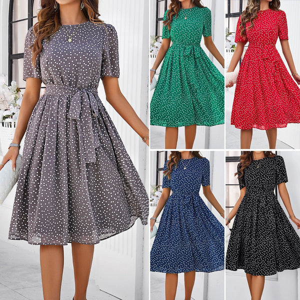 A-Line Polka Dot Midi Dress with Tie-Waist