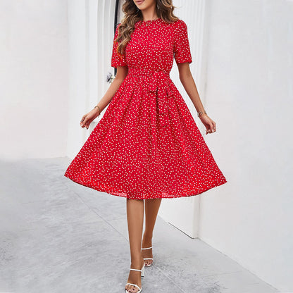 A-Line Polka Dot Midi Dress with Tie-Waist