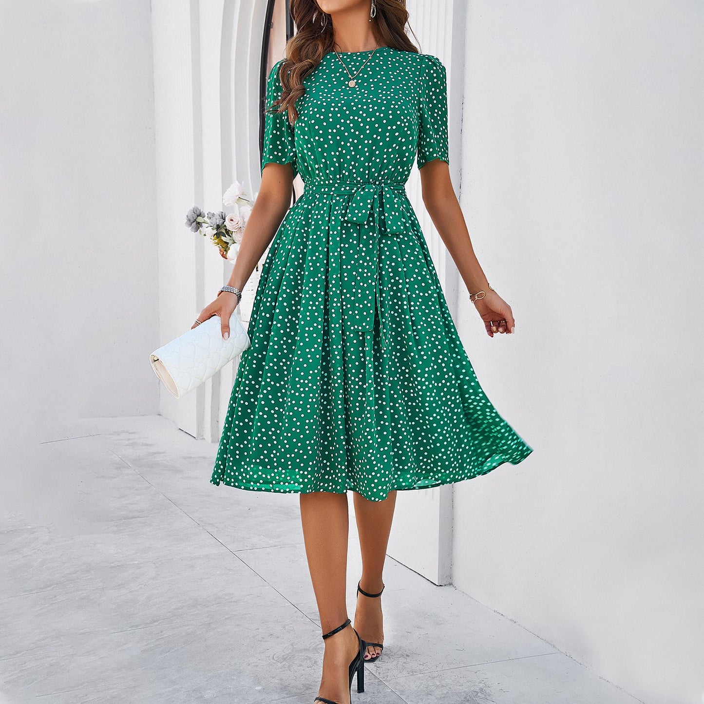 A-Line Polka Dot Midi Dress with Tie-Waist