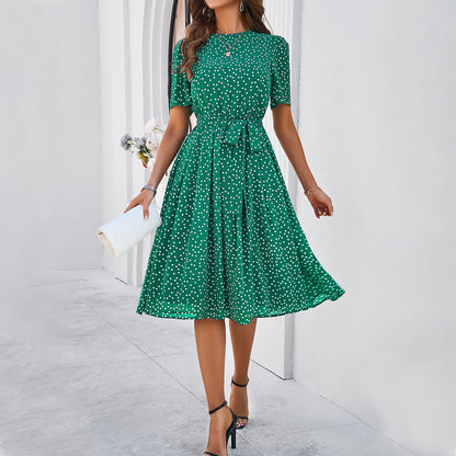 A-Line Polka Dot Midi Dress with Tie-Waist