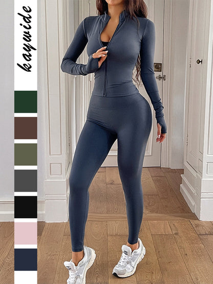 Bodycon Yoga Set with Full-Zip Top and Thumbhole Cuffs