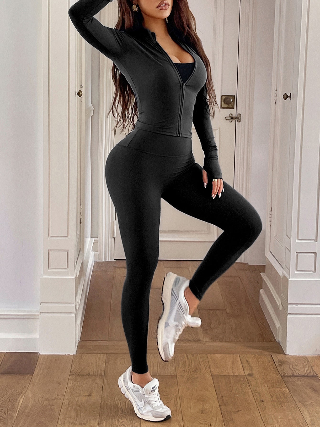 Bodycon Yoga Set with Full-Zip Top and Thumbhole Cuffs