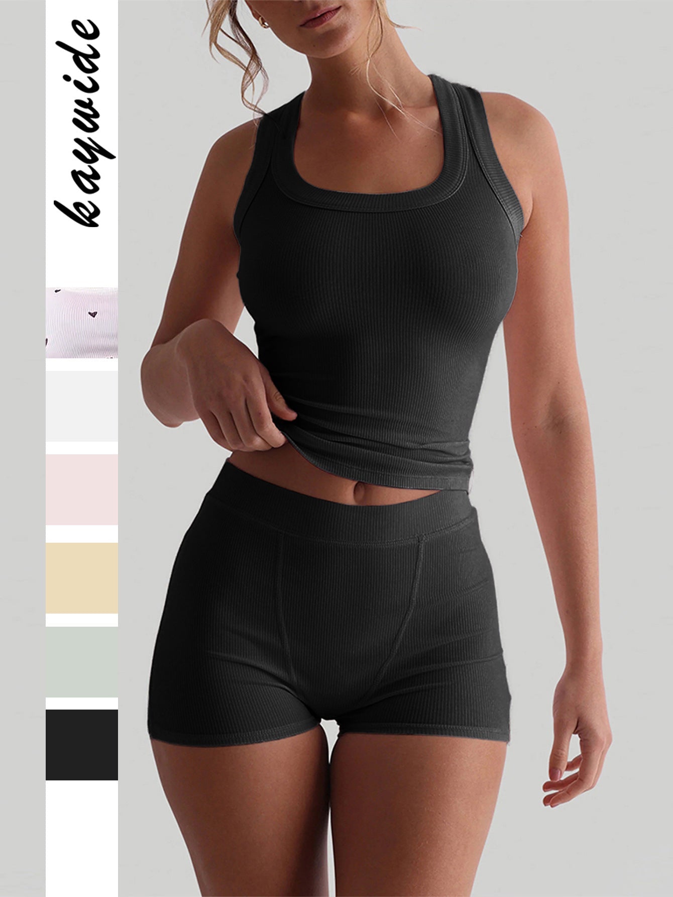 Solid Ribbed Knit Square Neck Tank and Boxer Shorts Loungewear Set