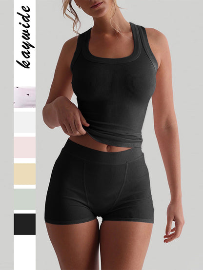 Solid Ribbed Knit Square Neck Tank and Boxer Shorts Loungewear Set