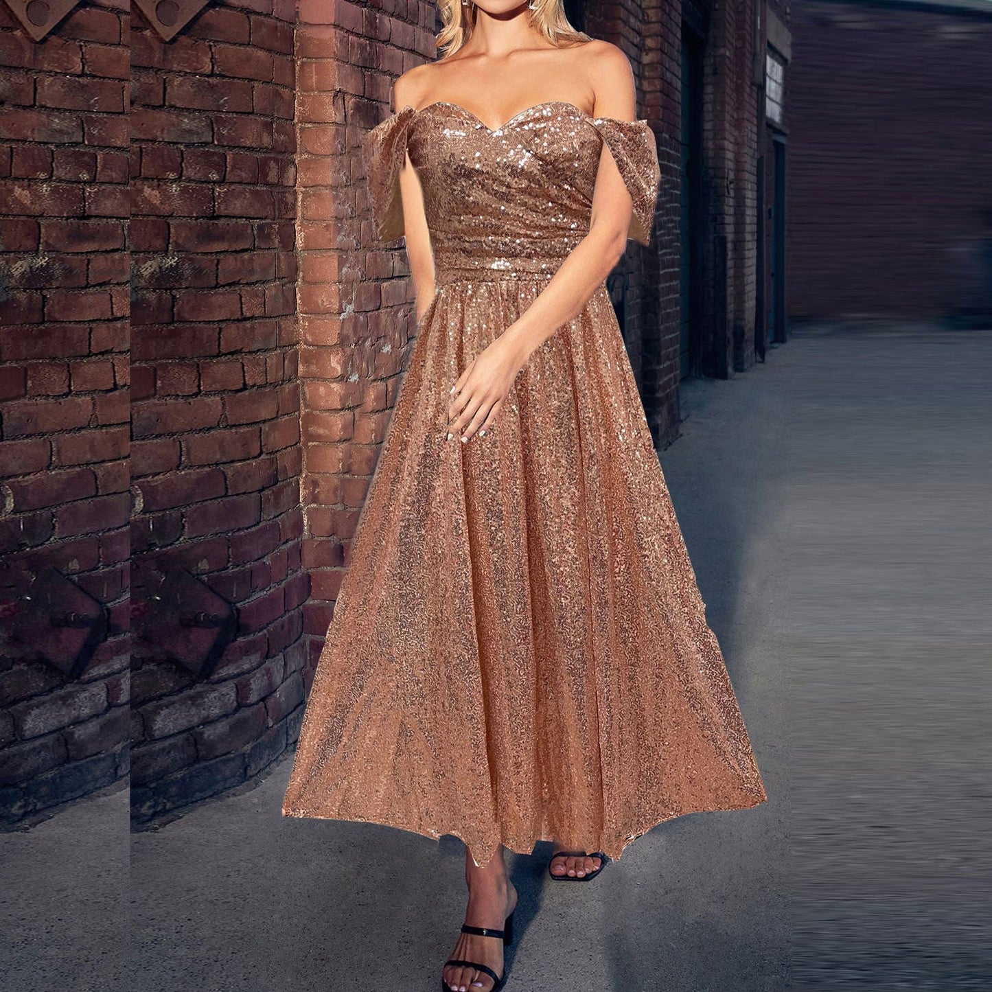Sequined A-Line Midi Dress with Off-Shoulder Sweetheart Neckline