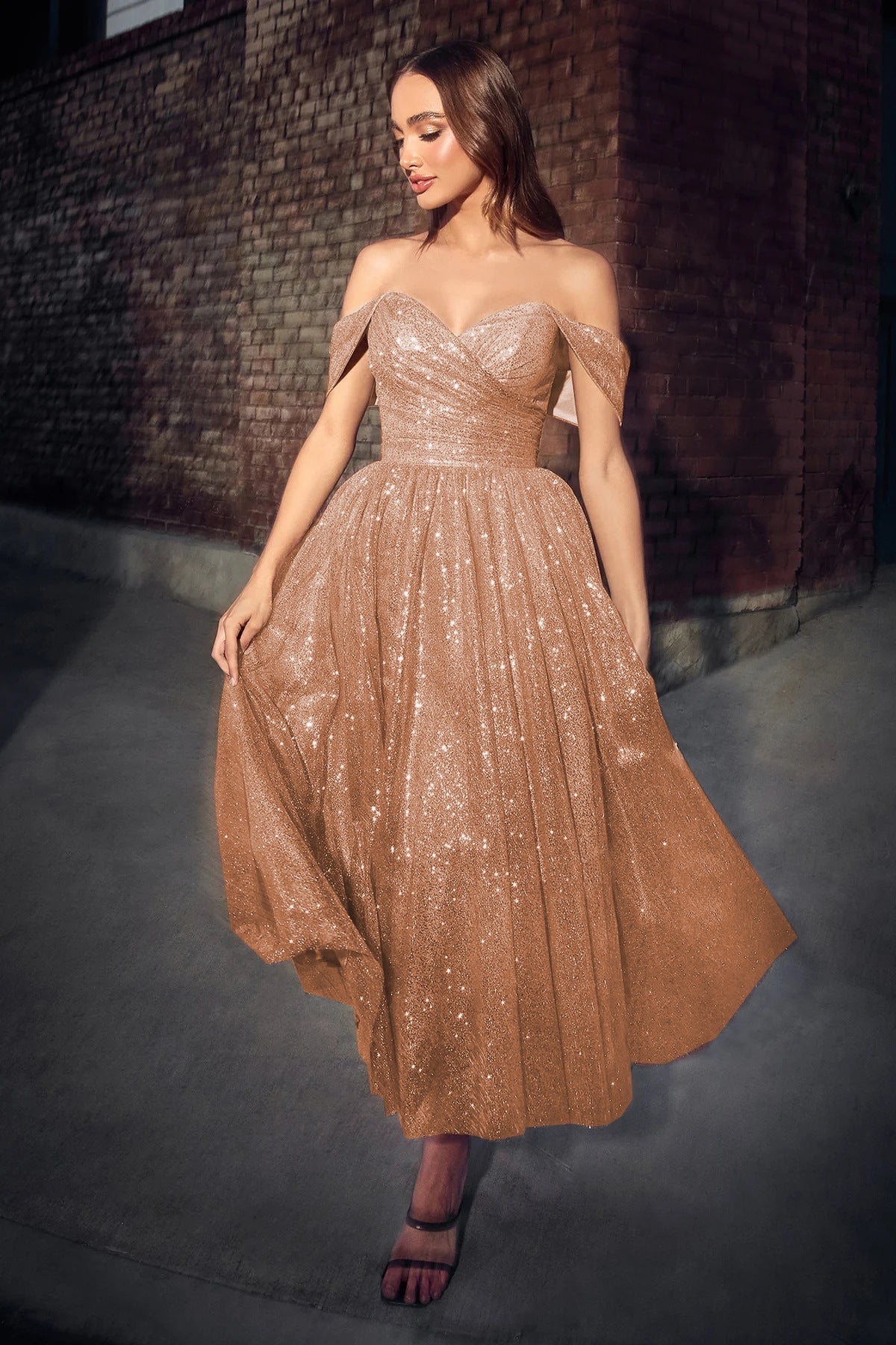 Sequined A-Line Midi Dress with Off-Shoulder Sweetheart Neckline