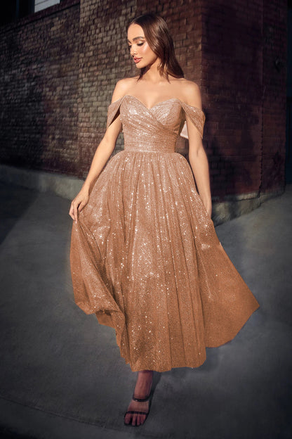 Sequined A-Line Midi Dress with Off-Shoulder Sweetheart Neckline