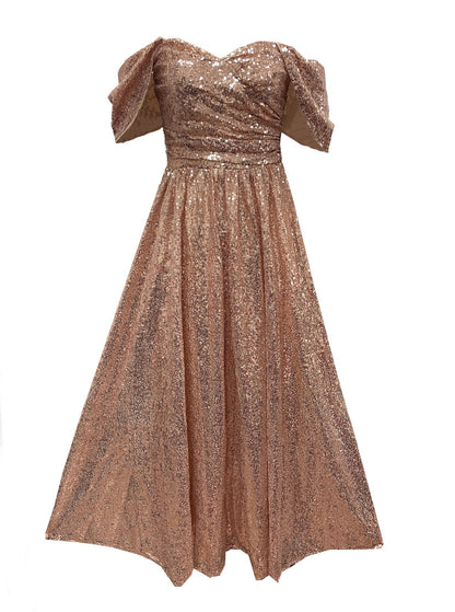 Sequined A-Line Midi Dress with Off-Shoulder Sweetheart Neckline